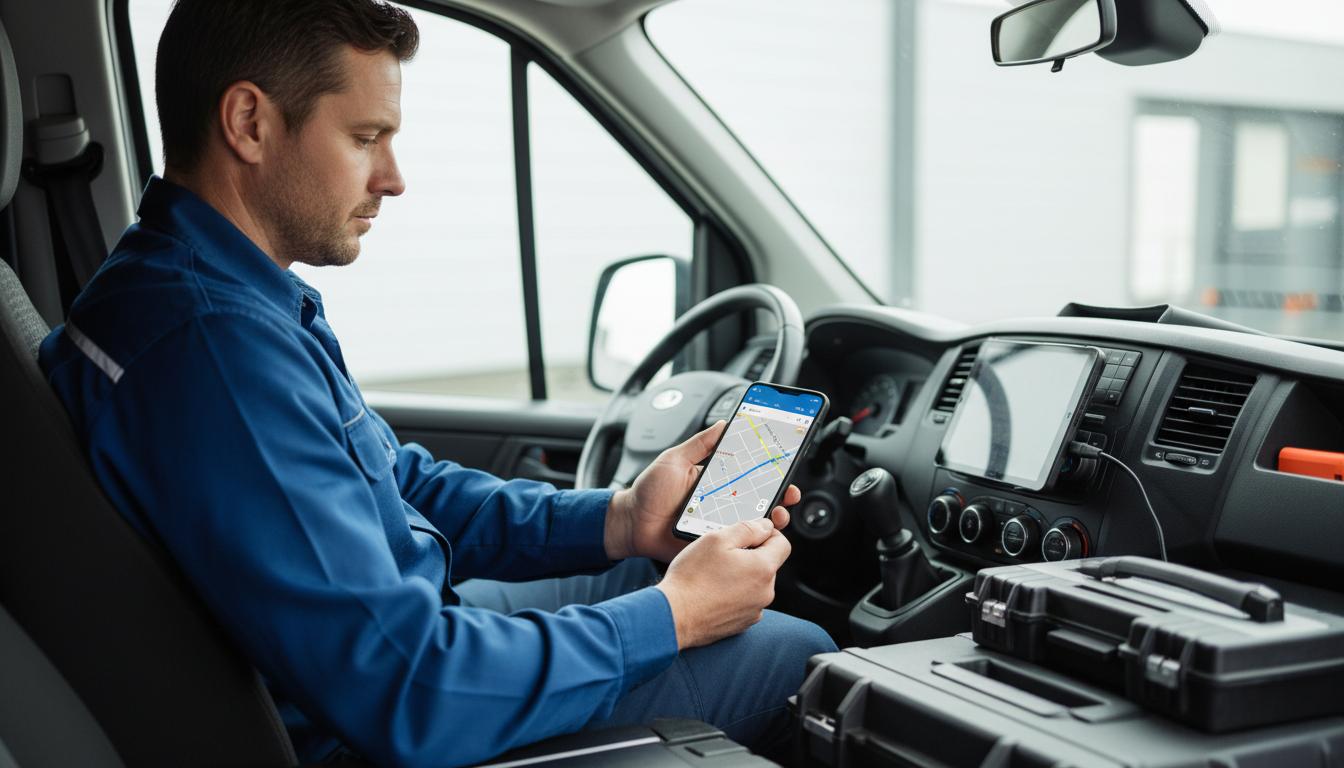 Técnico en furgoneta con GPS